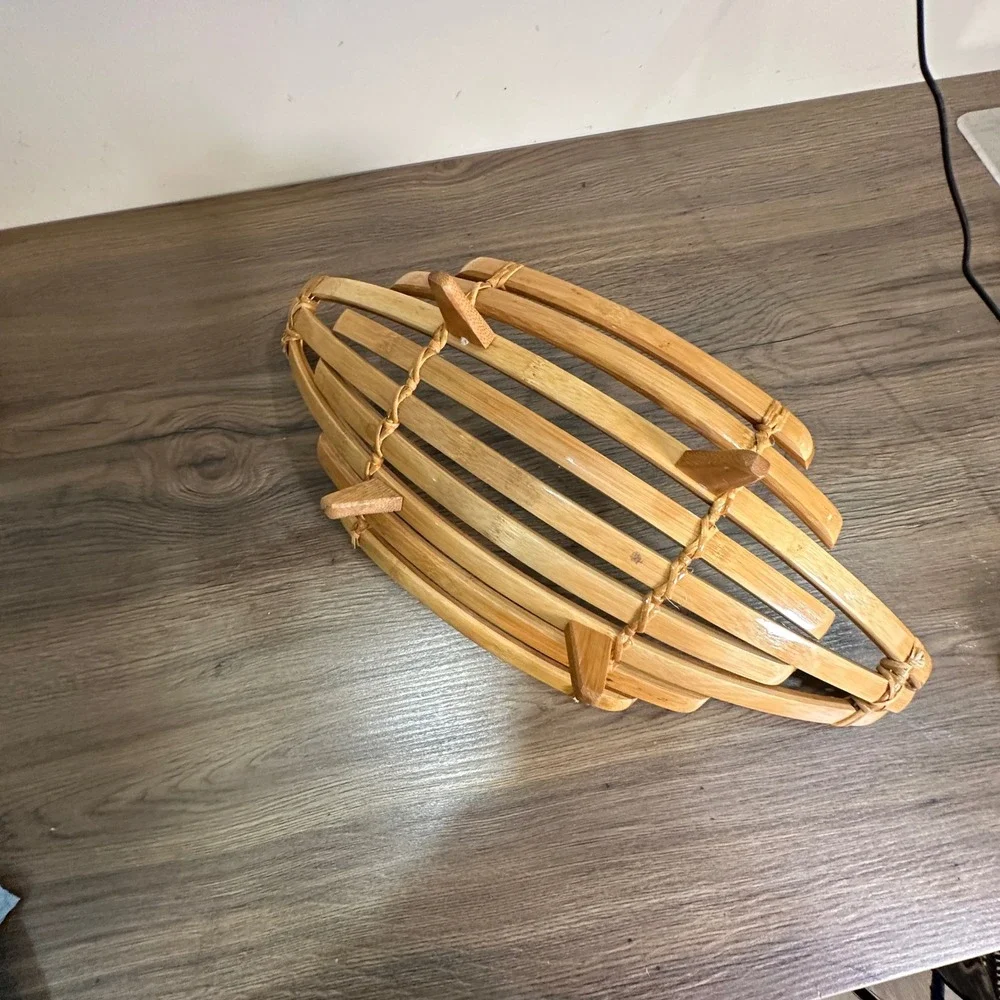 Handmade Bamboo Fruit Basket Boat Bowl Natural Wood Slatted Centerpiece 19.5in